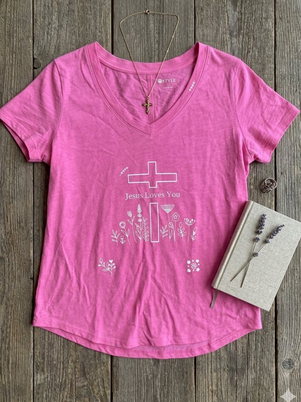 Jesus Loves You Pink Graphic V-Neck Tee Short Sleeve T Shirt Size large